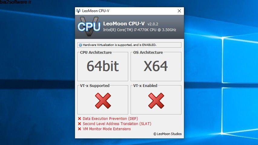 LeoMoon CPU-V 2.0.3 تست برخورداری پردازنده سیستم از امکانات شبیه‌سازی