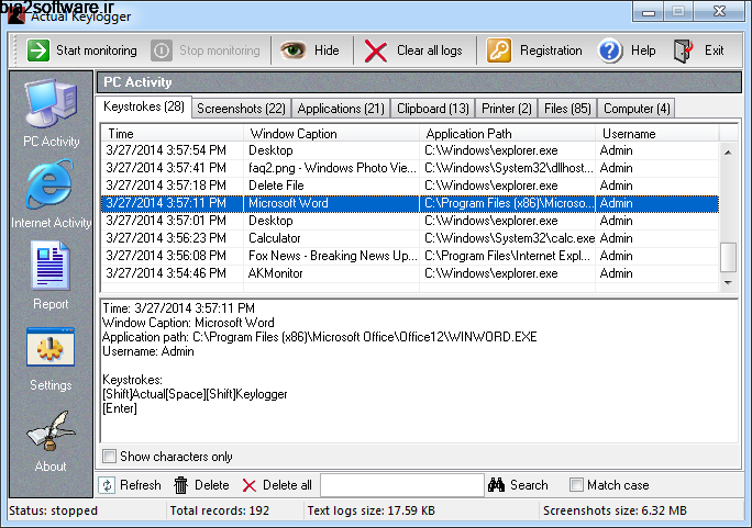 Actual Keylogger 3.2 مانیتورینگ فعالیت های کامپیوتر Actual Keylogger 3.2 مانیتورینگ فعالیت های کامپیوتر